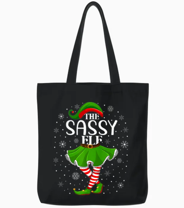 The Sassy Elf Christmas Family Mom Women Girls Xmas Party Tote Bags in Black