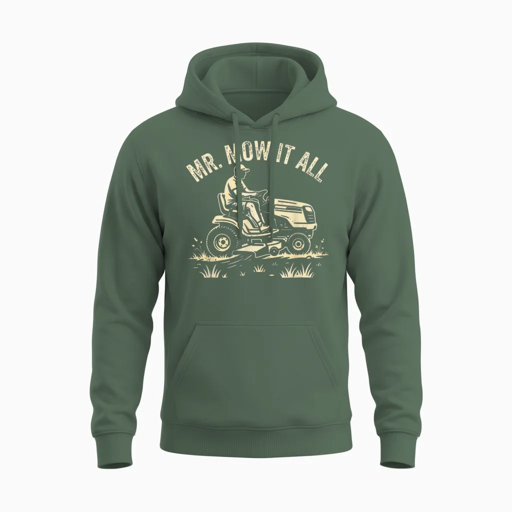 Gardener Mr Mow It All Landscaper Dad Shirt Lawn Mowing Unisex Hoodie in Military Green