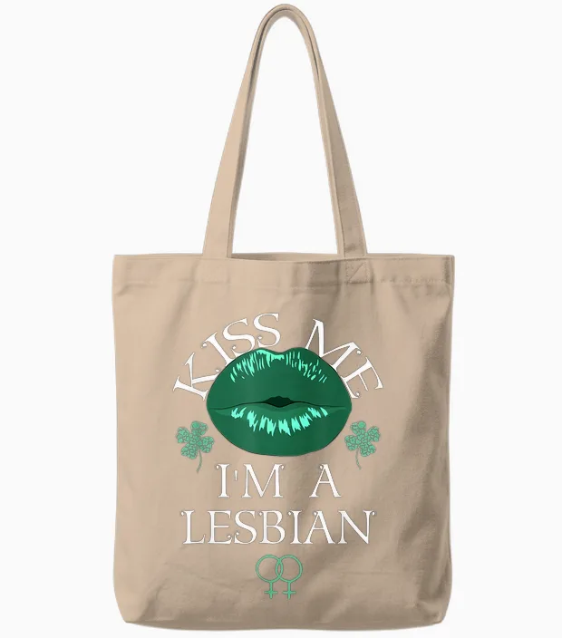 Kiss Me I'm a Lesbian St Patricks Day Green Lips Les Pride Tote Bags in Natural