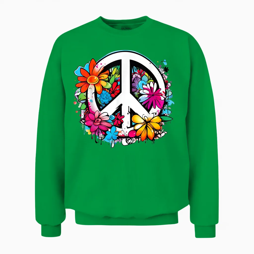 Peace Sign Flower Power Love, Peace Flowers 60s 70s T-Shirt, White, S Unisex Sweatshirt in Irish Green