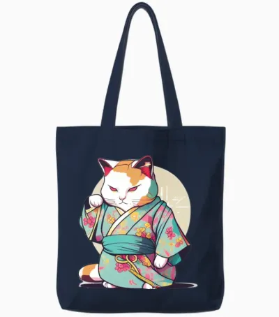 Cat Kimono Tote Bags - Navy