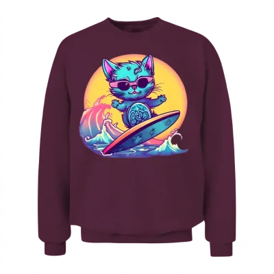 Retro Surfing Cat Unisex Sweatshirt - Maroon