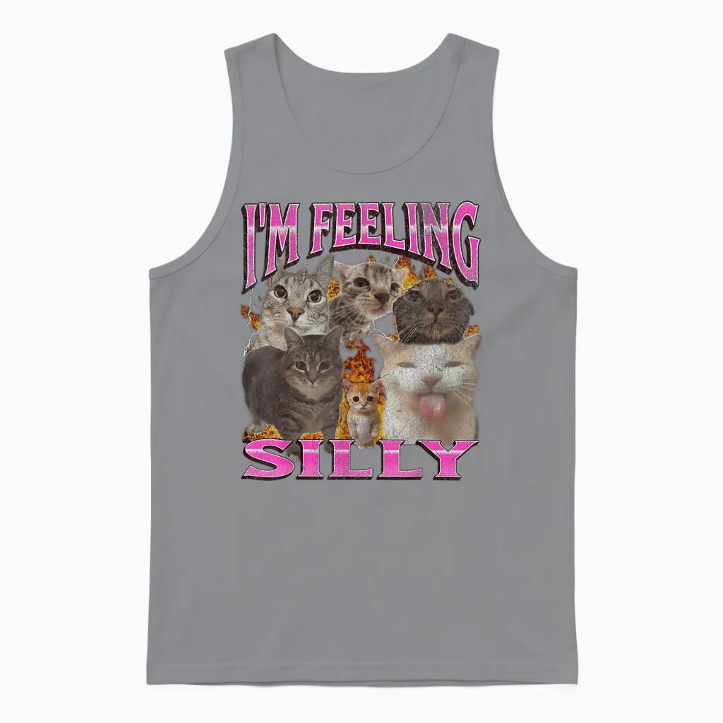 I'm Feeling Silly Funny Cat Meme Bootleg Graphic T-Shirt, Black, S Unisex Tank Top in Sport Grey