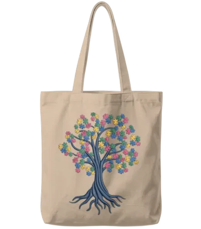 Autism Awareness Tree Puzzles Embrodery Effect Tote Bags - Natural