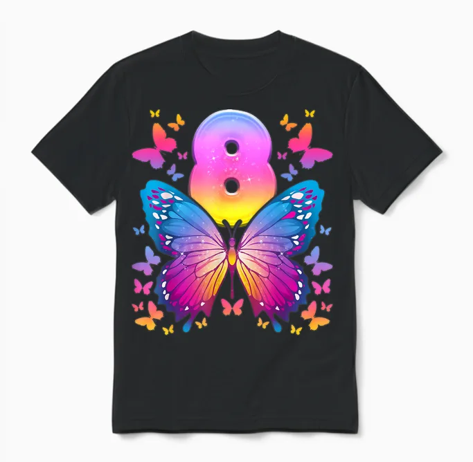 8. Geburtstag, Mädchen 8 Jahre, Schmetterling, Nummer 8 Unisex T-Shirt in Black