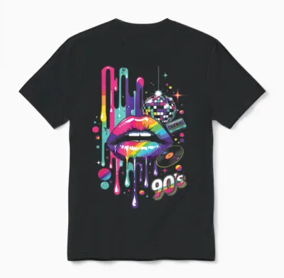 Colourful 90s Lips Retro Disco Cassette Vinyl Party Unisex T-Shirt - Black