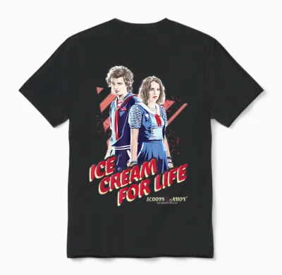 Stranger Things Steve Robin Ice Cream for Life Chest Unisex T-Shirt - Black