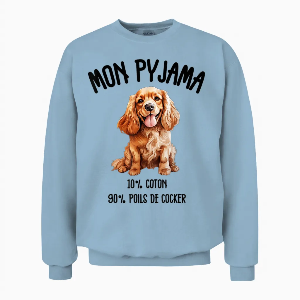 Cocker Cadeau Humour Pyjama Chien Cocker T-Shirt, White Unisex Sweatshirt in Light Blue