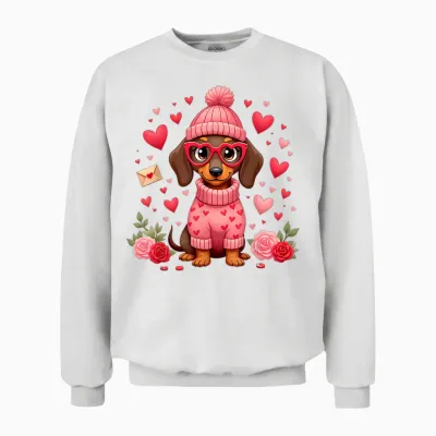 Valentine Dog Mom Valentine Dachshund Weiner T-Shirt, Black, S Unisex Sweatshirt - White
