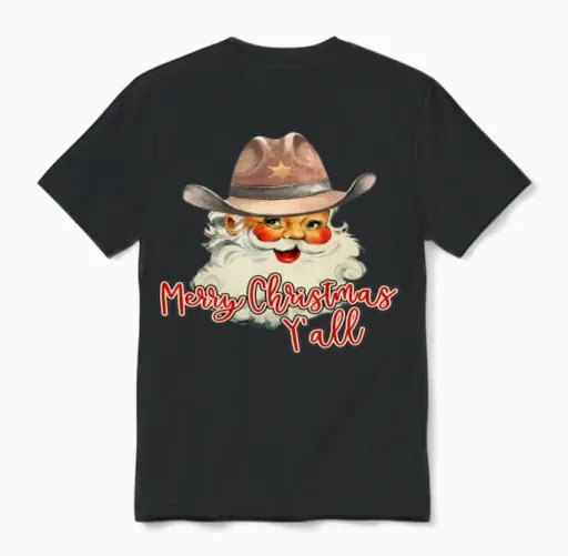 Santa Claus Merry Christmas Y All Western Country Unisex T-Shirt in Black