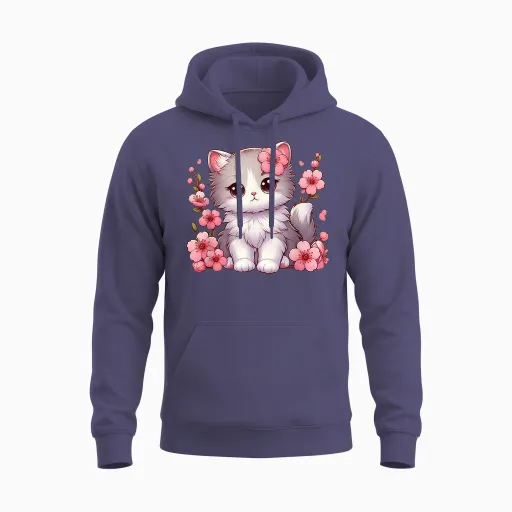 Cute Cat with Cherry Blossoms Cartoon Cartoon T-Shirt, Black, S Unisex Hoodie - Heather Sport Dark Navy