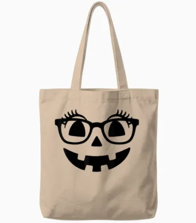 Pumpkin with Eyelashes Halloween Fall Jack-O-Lantern Face Tote Bags - Natural