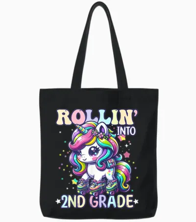 2nd Grade Back to School First Day Girl Rollin Unicorn Tote Bags - Black