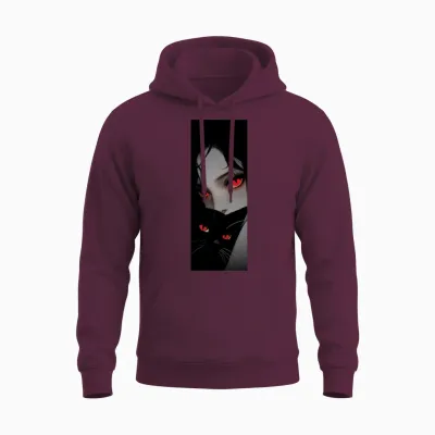 Crimson-Eyed Night with Black Cat Unisex Hoodie - Maroon