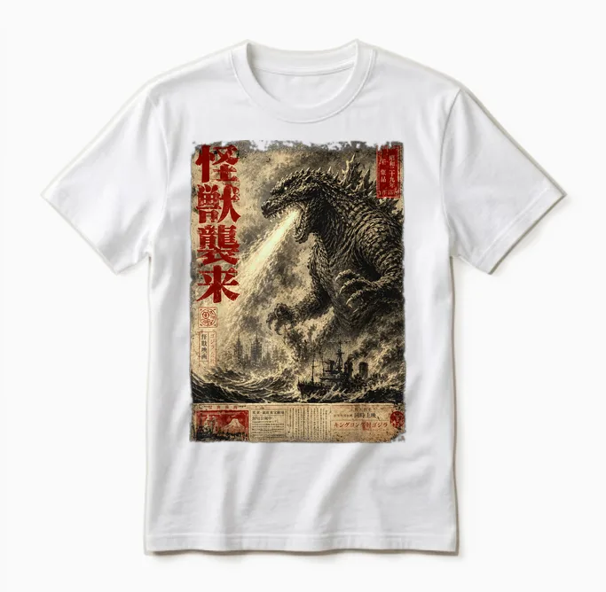 Vintage Japanese Sea Monster Kaiju Newspaper Unisex T-Shirt in White