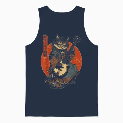 Japanese Samurai Cat Playing Electric Guitar T-Shirt, Black, S Unisex Tank Top - Navy
