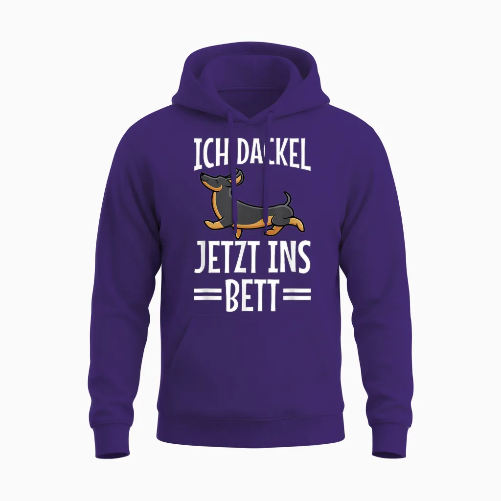 T-Shirt with German Text "ich Dachshund Jetzt Ins Bett Hund Müde Schlaf" Funny Sleep T-Shirt, Black Unisex Hoodie in Purple