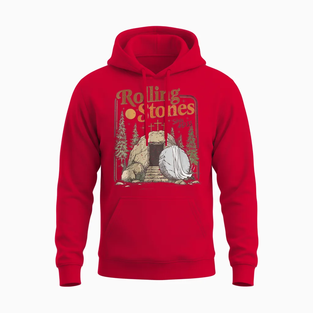 The Stone Was Rolled Away He Is Alive Retro Christian Easter Unisex Hoodie in Red