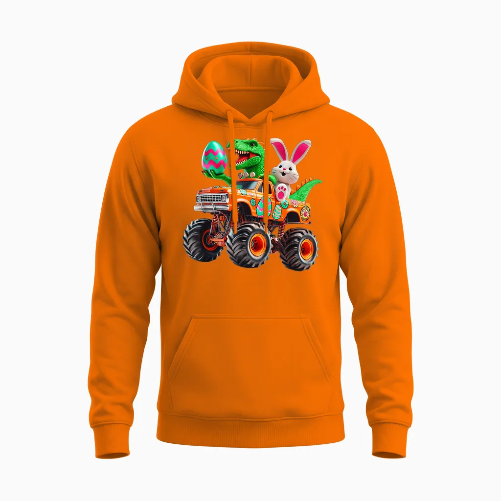 Bunny T-Rex Easter Monster Truck Dino Funny Boys Kids Cute Unisex Hoodie in Safety Orange