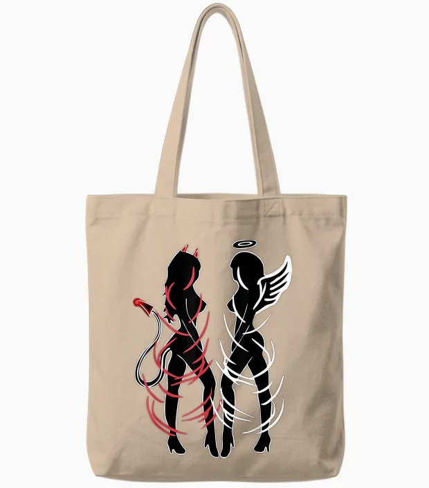 Sexy Duality Symbol Devil and Angel Girls Tote Bags in Natural