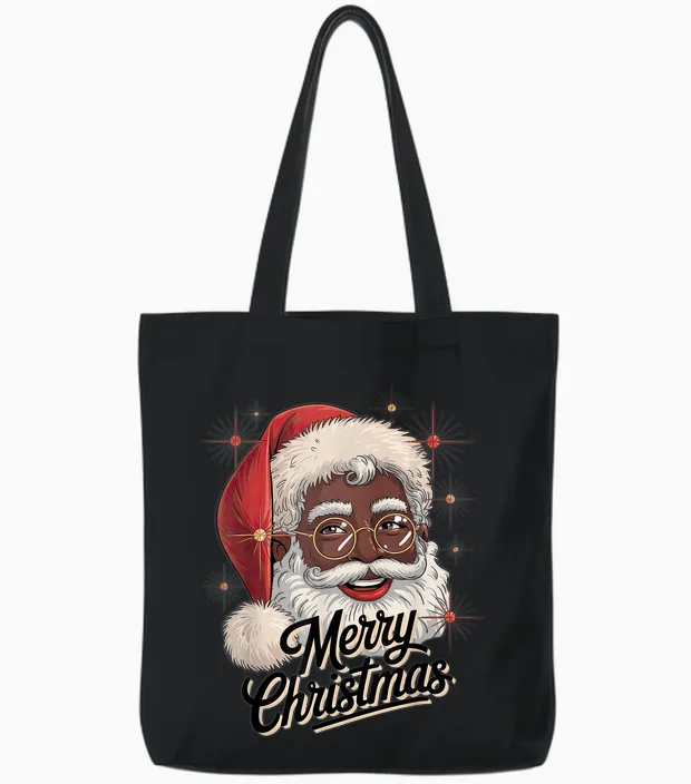 African American Santa Christmas Black Xmas Tote Bags in Black