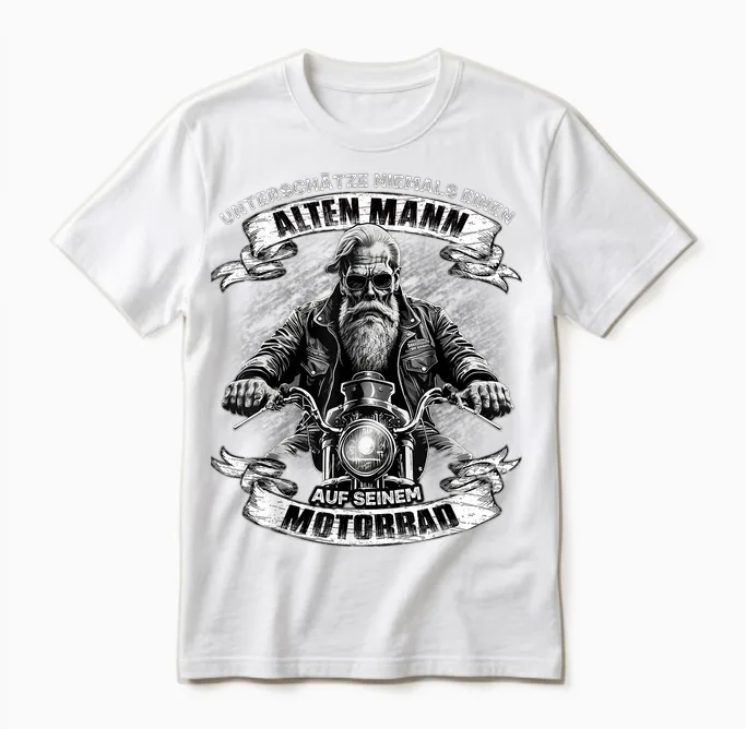 Never Underestimate an Old Man on His Motorcycle T-Shirt, Black Unisex T-Shirt in White