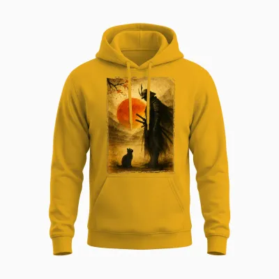 Samurai Warrior & Fighter | Black Cat, Vintage Japanese Art Unisex Hoodie - Gold