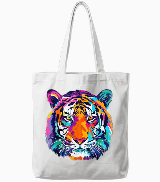 Tigerco. Colorful Tiger Graphic Unisex T-Shirt, Black, Small, Short Sleeve, Classic Fit Tote Bags in White
