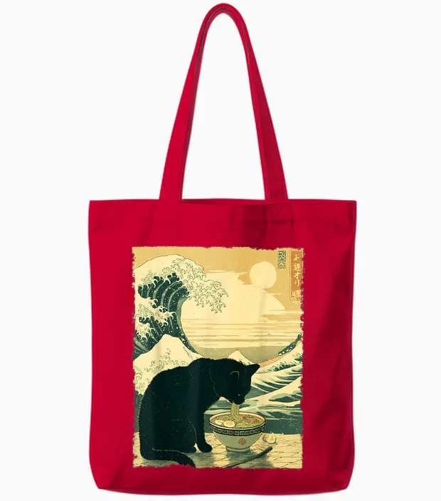 Funny Cat Ramen Great Wave off Kanagawa Illustration Anime Cat Tote Bags in Red