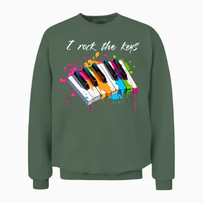 T-Shirt with "i Rock the Keys" Musician Keyboard Piano, Black Unisex Sweatshirt - Military Green