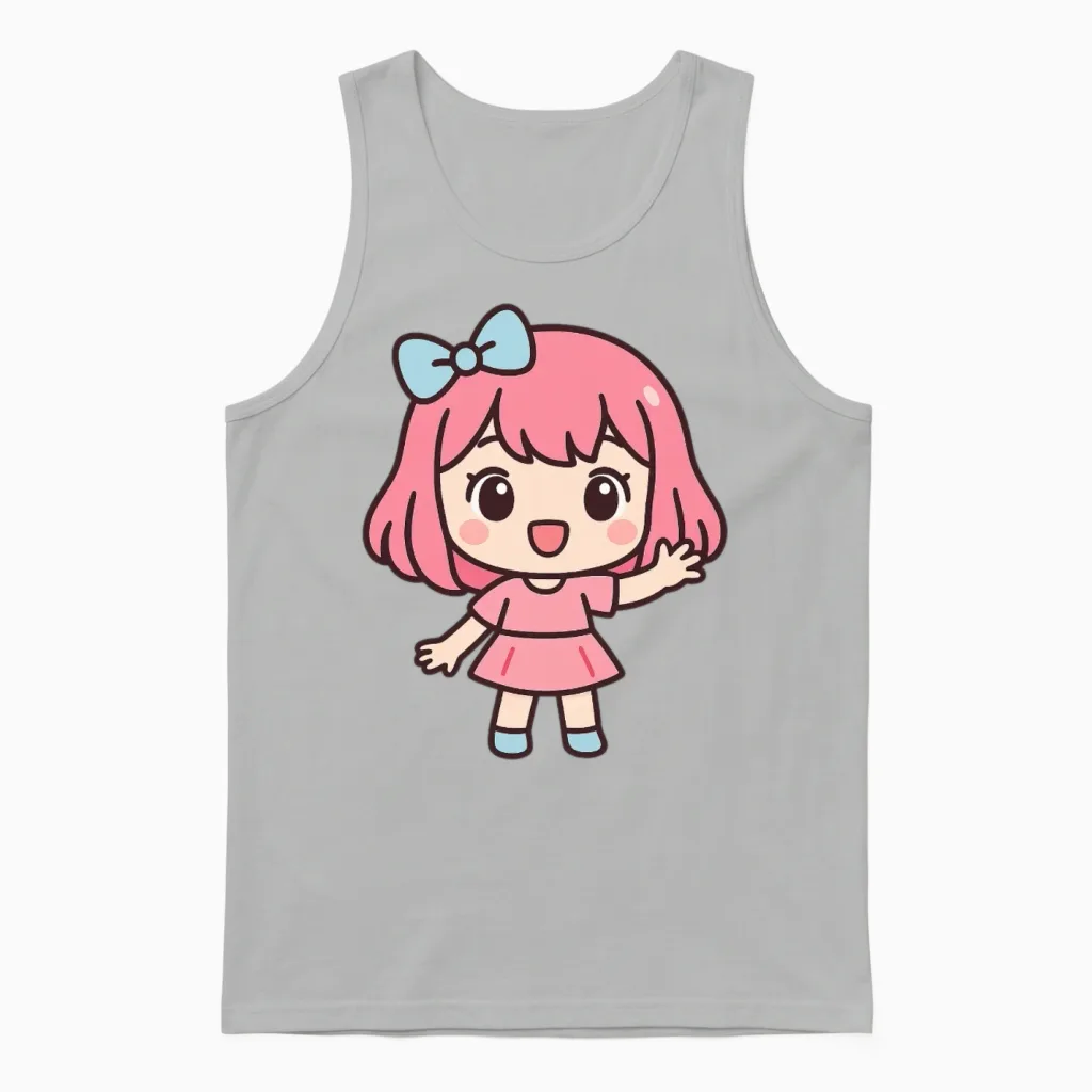 Pink Bow Kawaii Chibi Girl Unisex Tank Top in Ash
