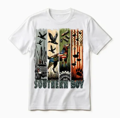 Southern Boy Camo Hunting Duck Dog Patriotic Usa Flag Boys Unisex T-Shirt - White