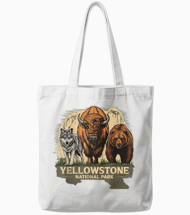 Yellowstone American National Park Wolf, Bison and Bear Vintage T-Shirt, Black, S Tote Bags in White