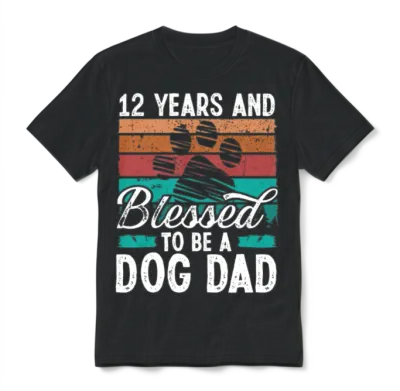 12 Year Old Dog Dad 12 Birthday Retro Dog Father Unisex T-Shirt - Black
