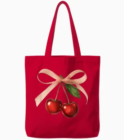 Coquette Cherries with Pink Bow | Aesthetic Theme Cherry Tote Bags - Red