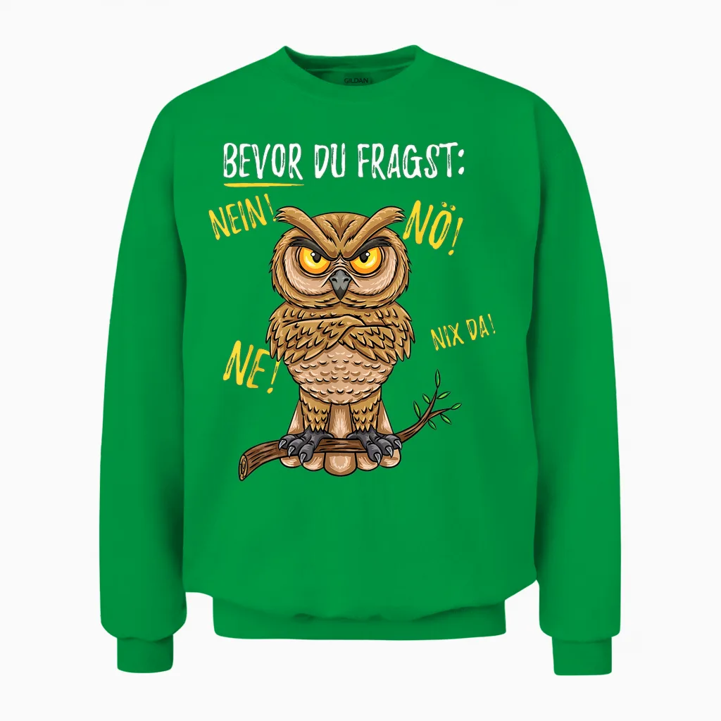 Bevor Du Fragst Nein Eule T-Shirt, Black Unisex Sweatshirt in Irish Green