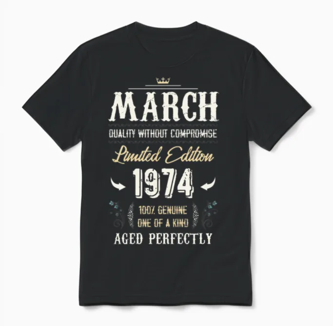 March 1974 Vintage Birthday Present Unisex T-Shirt in Black