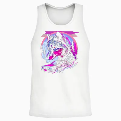 Retro Synthwave Gangster Wolf Unisex Tank Top - White