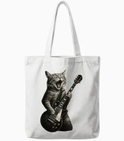 Cat Playing Guitar Rock Funny Tote Bags - White