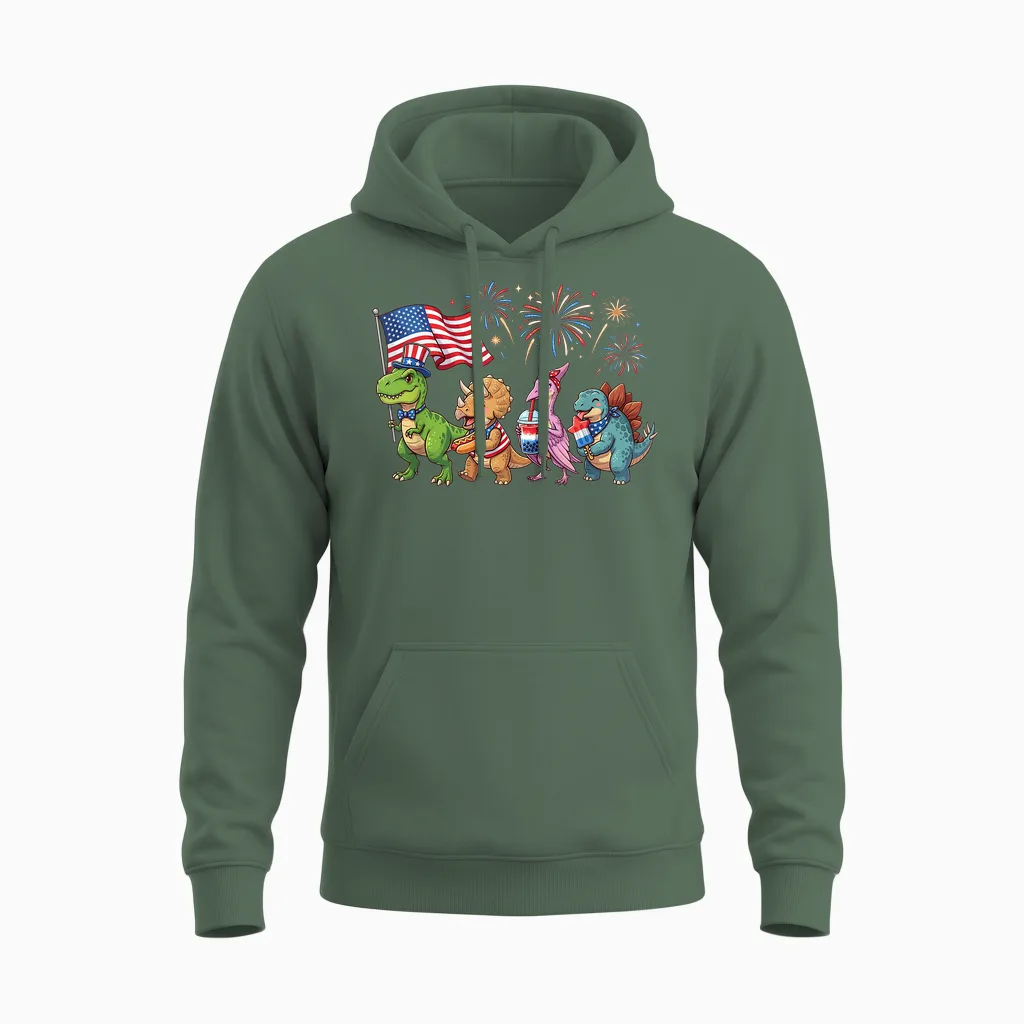 Patriotic Dinosaurs Fireworks T-Rex Triceratops 4th of July Unisex Hoodie in Military Green