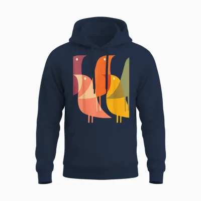 Bird Print Art Deco 60s Style Minimal Hippy Retro Cool Unisex Hoodie - Navy