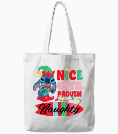 Disney Stitch Christmas Nice Until Proven Naughty Holiday Tote Bags - White