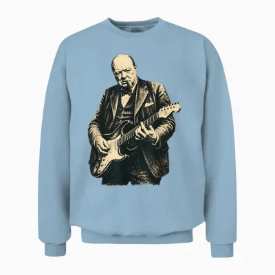 Winston Churchill Playing Guitar Rocker Cool Retro Vintage Unisex Sweatshirt - Light Blue
