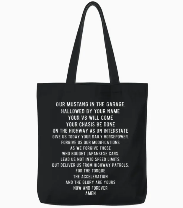 Funny Mustang Car Lords Prayer Tote Bags in Black