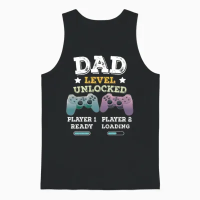 Dad Level Unlocked Pregnancy Announcement Gamer Unisex Tank Top - Black