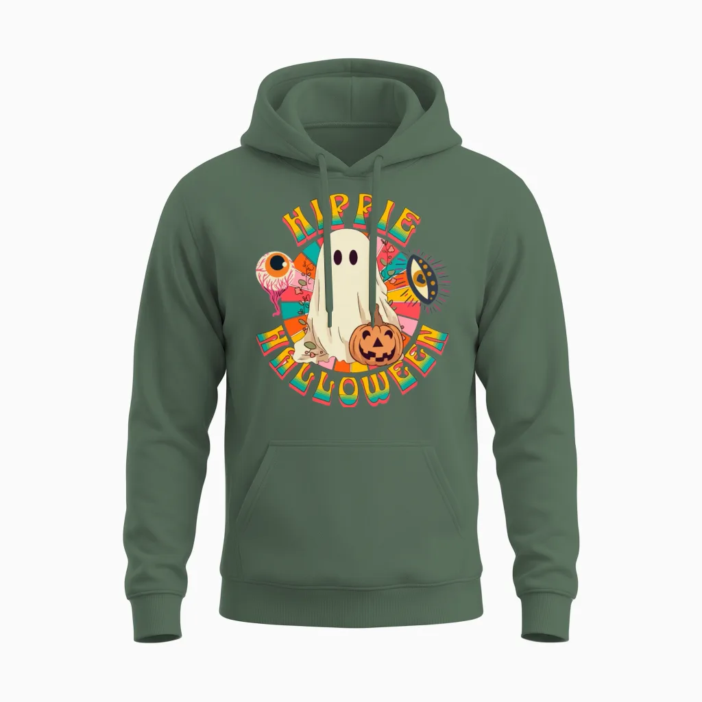 Hippie Halloween, Retro Ghost, Spooky Ghost, Retro Unisex Hoodie in Military Green