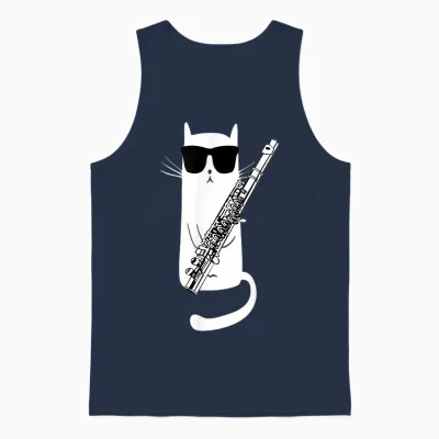 Funny Cat Wearing Sunglasses Playing Flute T-Shirt Small Unisex Tank Top - Navy