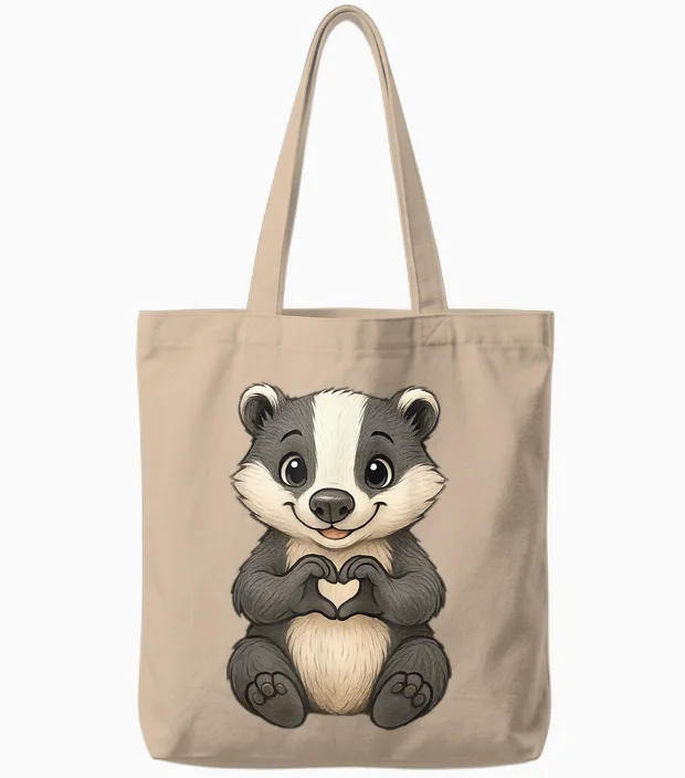 Badger with Heart | Cute Badger Motif with Heart Symbol and Badger T-Shirt, Black, S Tote Bags in Natural