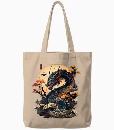 Asian Dragon Japan China Asia T-Shirt, Black Tote Bags - Natural