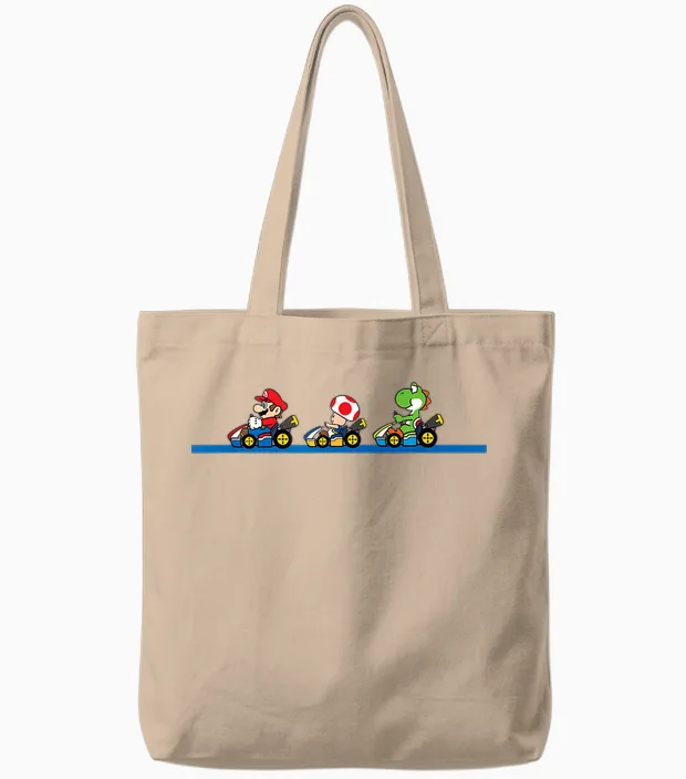 Mario Kart Yoshi Toad & Mario Vintage Race Line Up Tote Bags in Natural